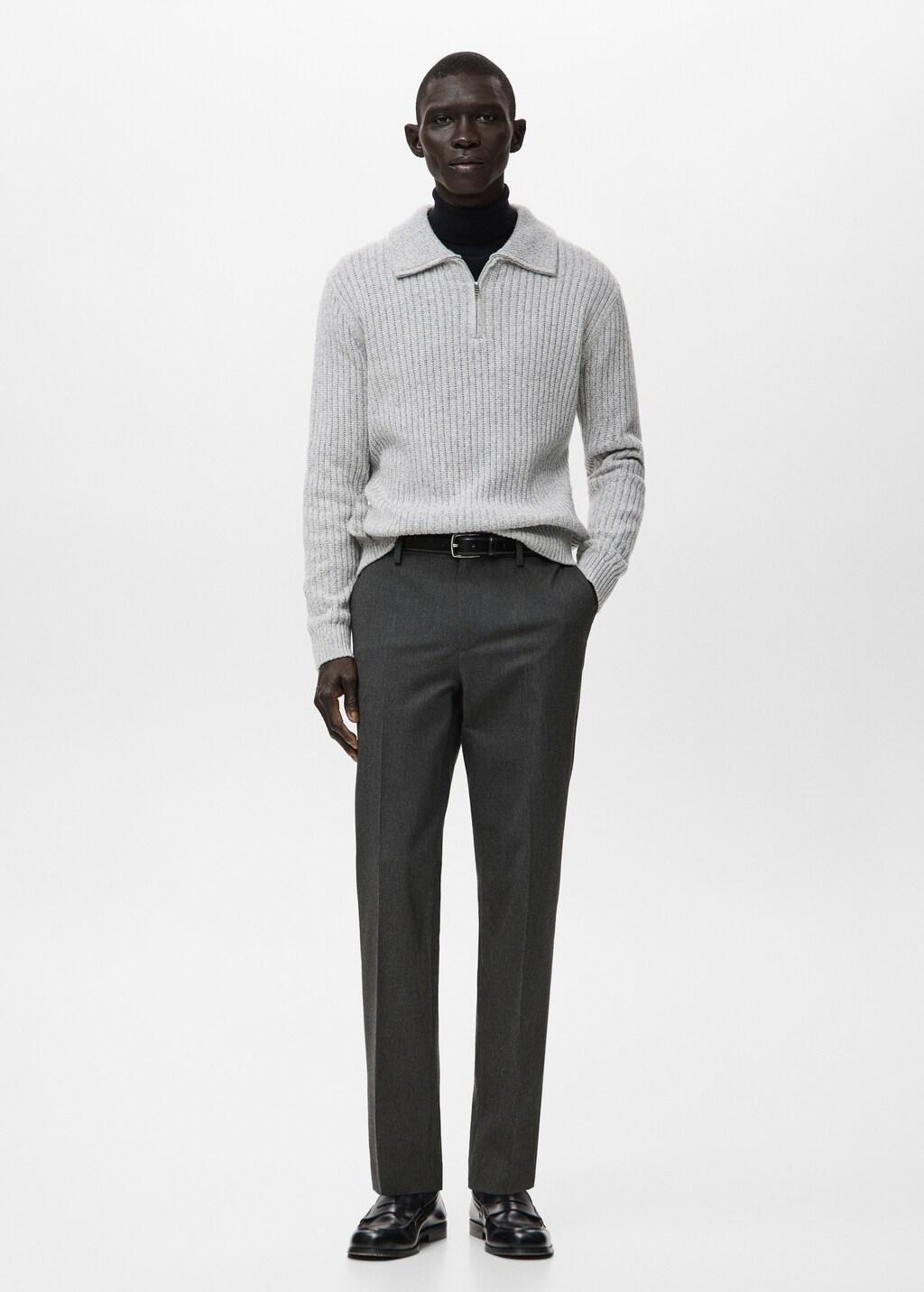 Grey Pleated Slim-Fit Trousers, Dark Grey, large image number 0