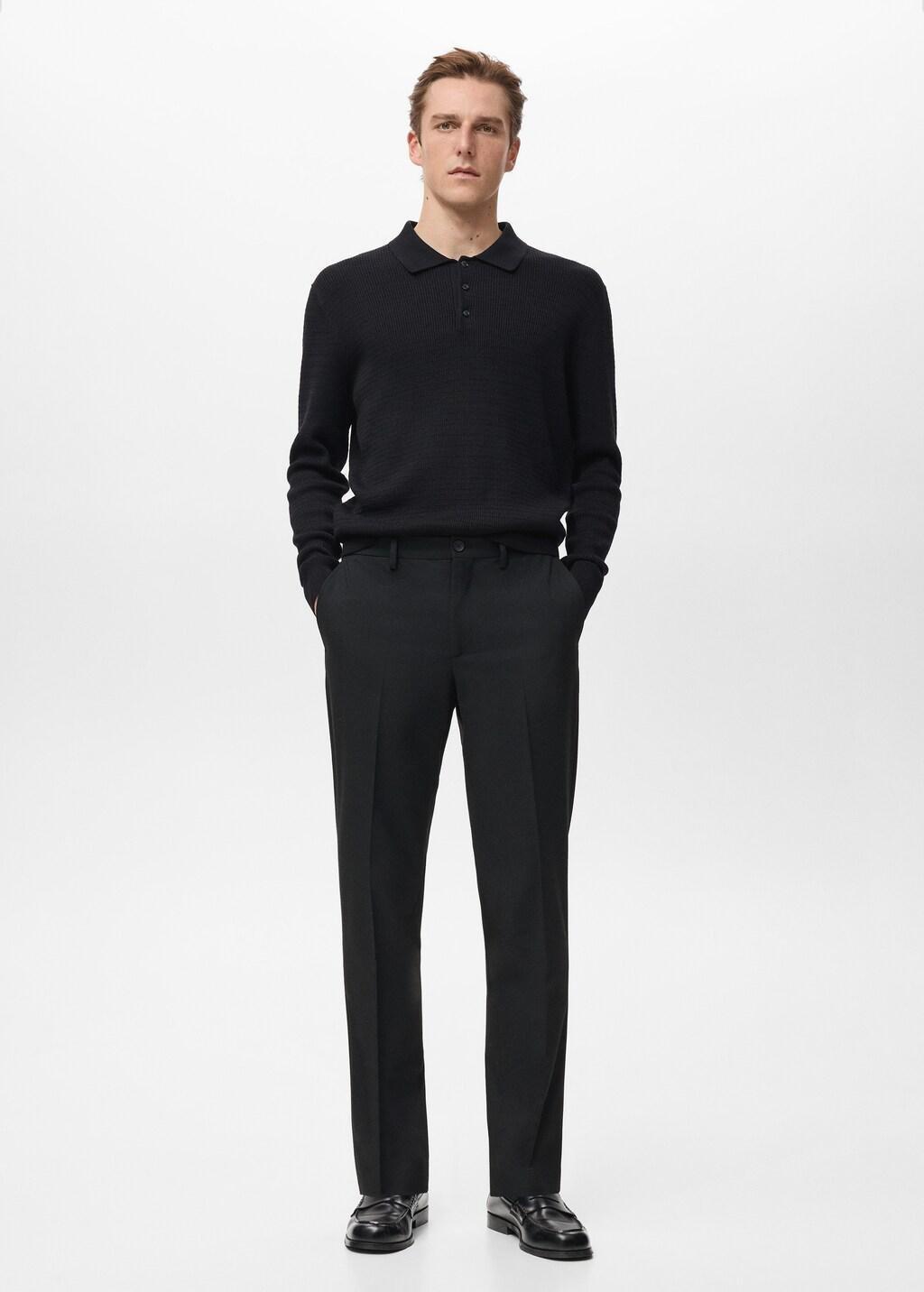Black Pleated Slim-Fit Trousers, Black, large image number 0