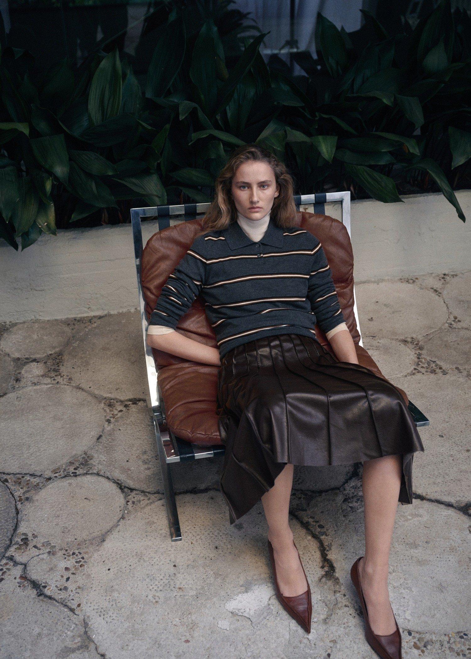 Brown Faux-Leather Godet Skirt, Brown, large image number 0