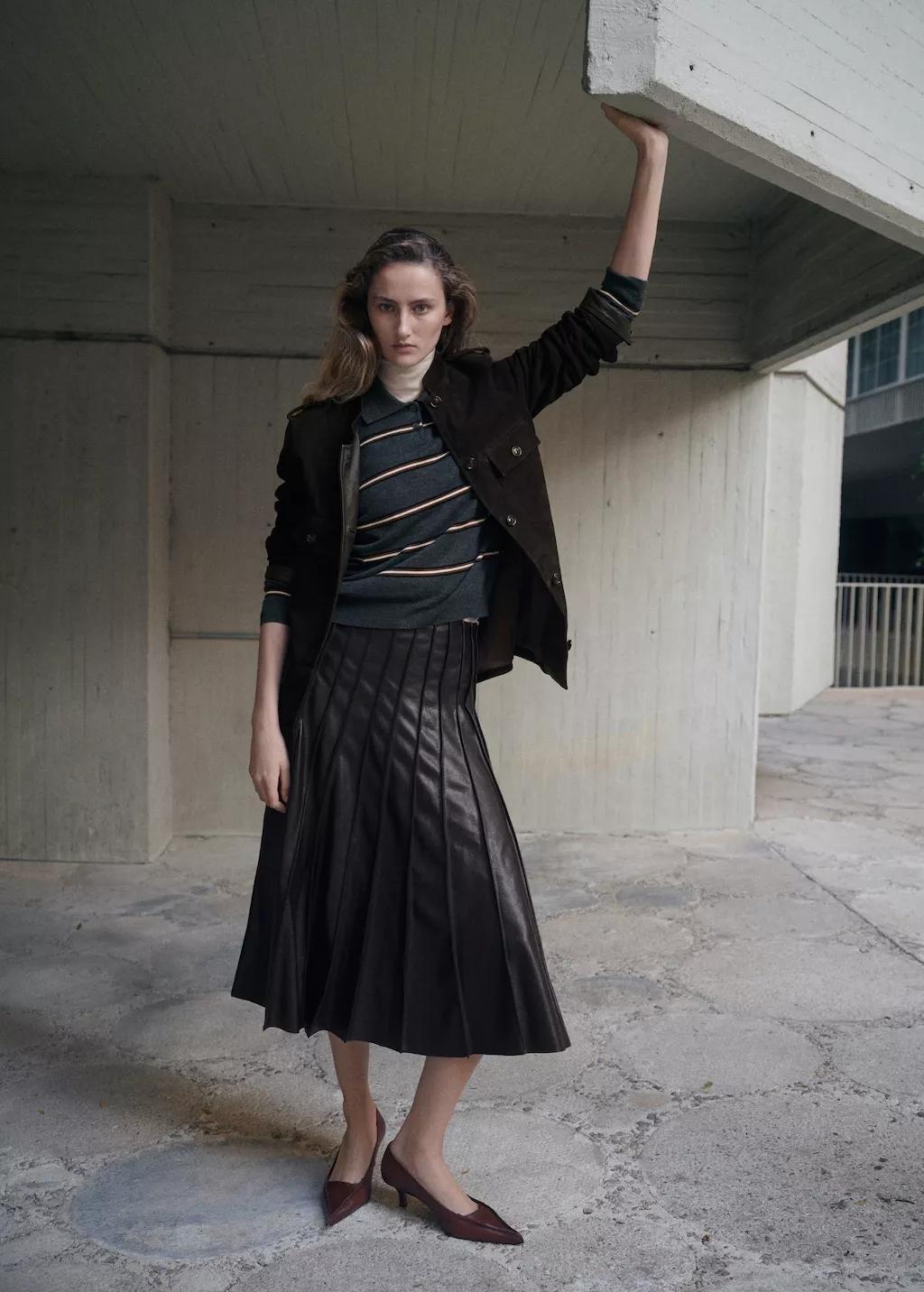 Brown Faux-Leather Godet Skirt, Brown, large image number 1