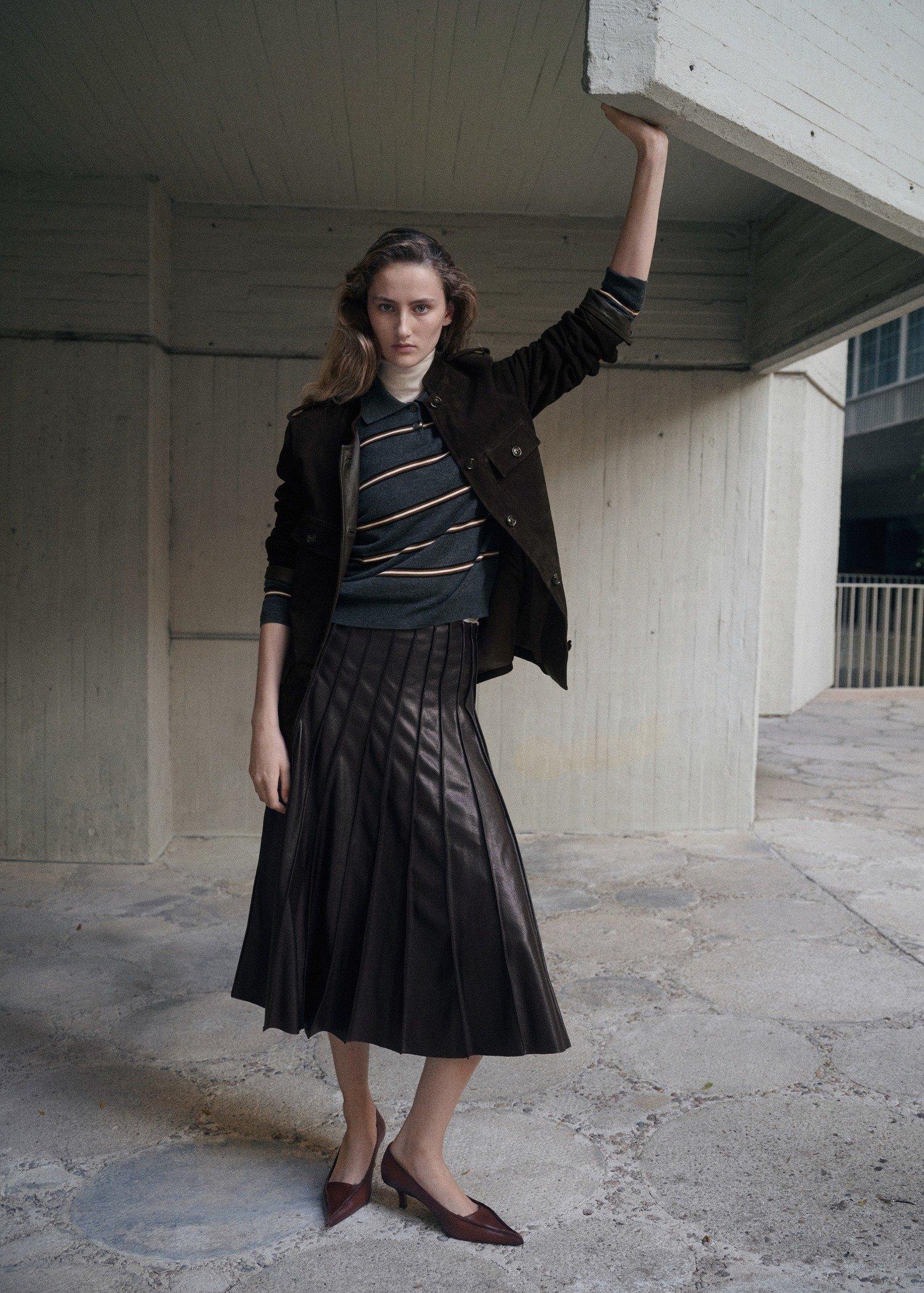 Brown Faux-Leather Godet Skirt, Brown, large image number 2