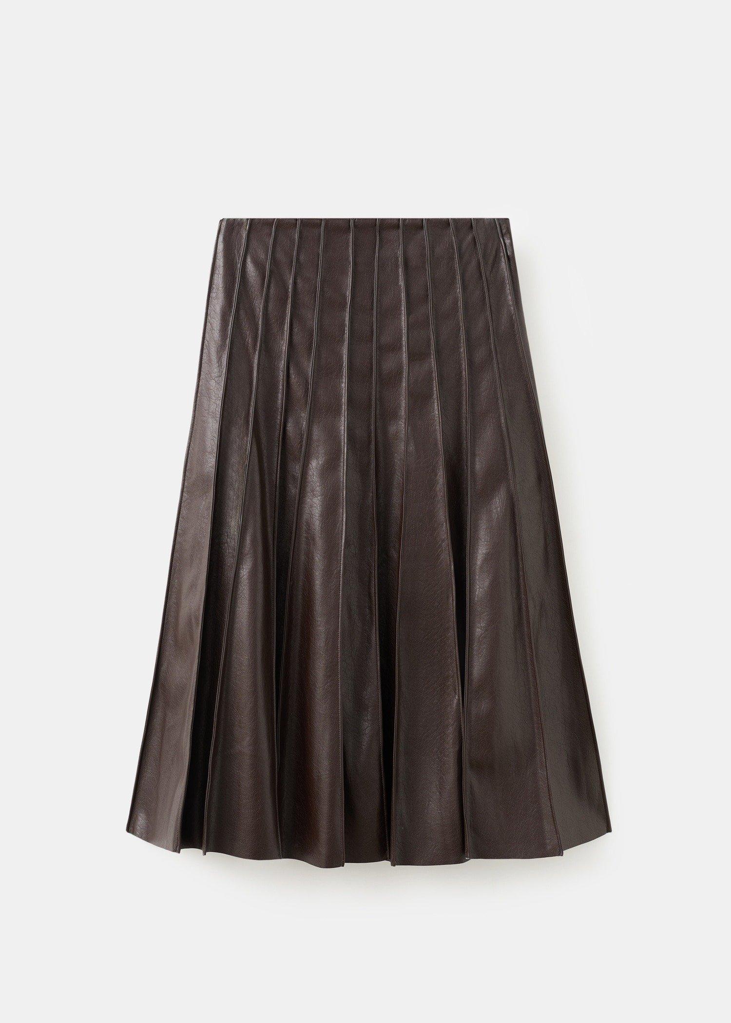 Brown Faux-Leather Godet Skirt, Brown, large image number 6