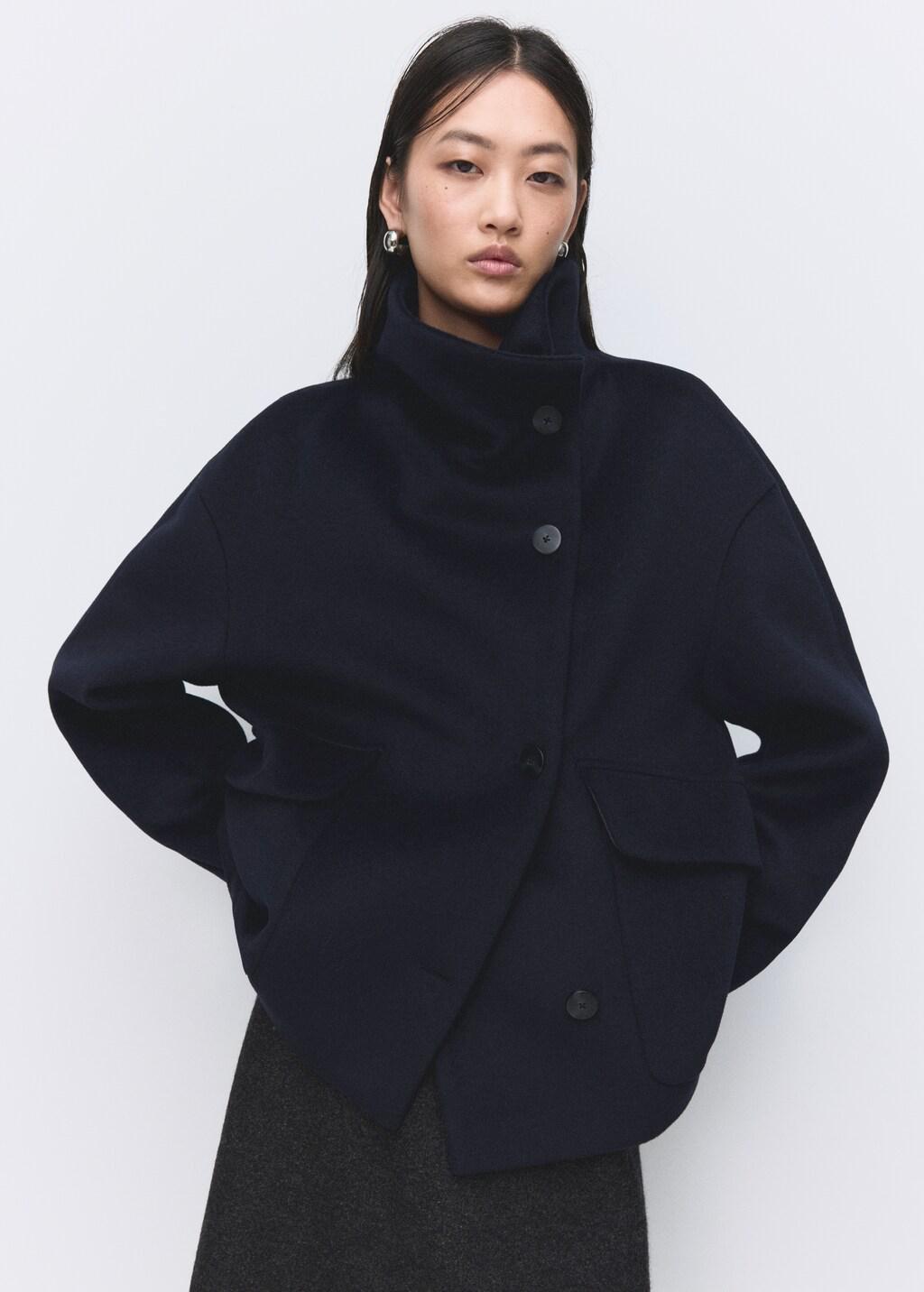 Navy Wool Funnel-Neck Coat, Navy, large image number 5
