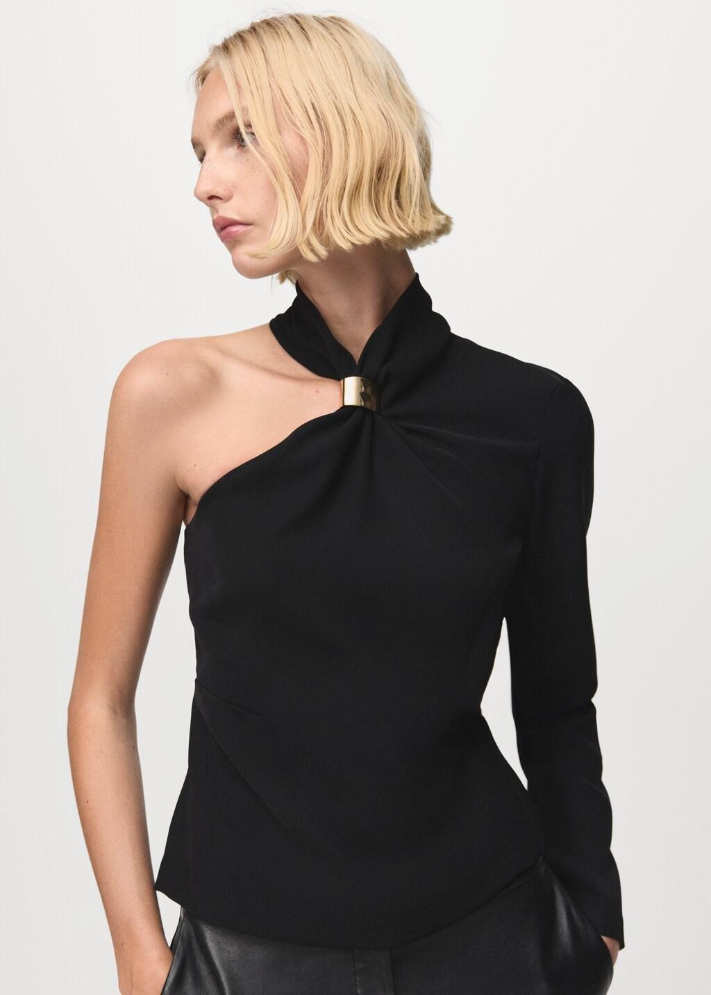 Black Asymmetrical Blouse With Metallic Detail, Black, large image number 3