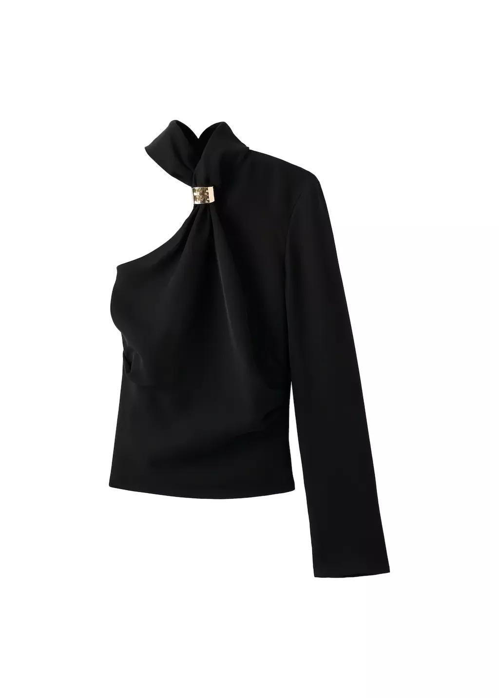 Black Asymmetrical Blouse With Metallic Detail, Black, large image number 7