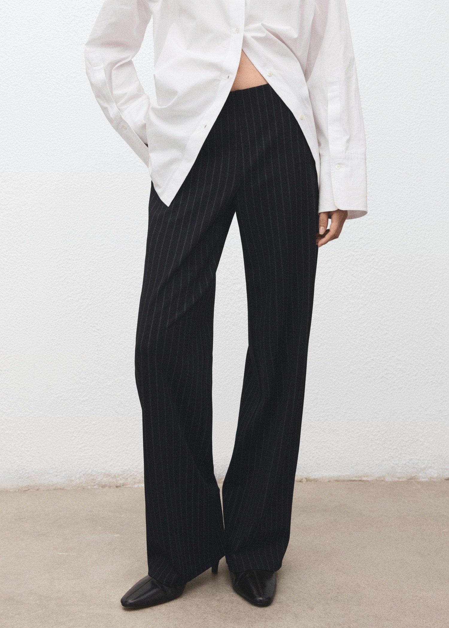 Navy Chalk-Stripe Straight Trousers, Navy, large image number 4