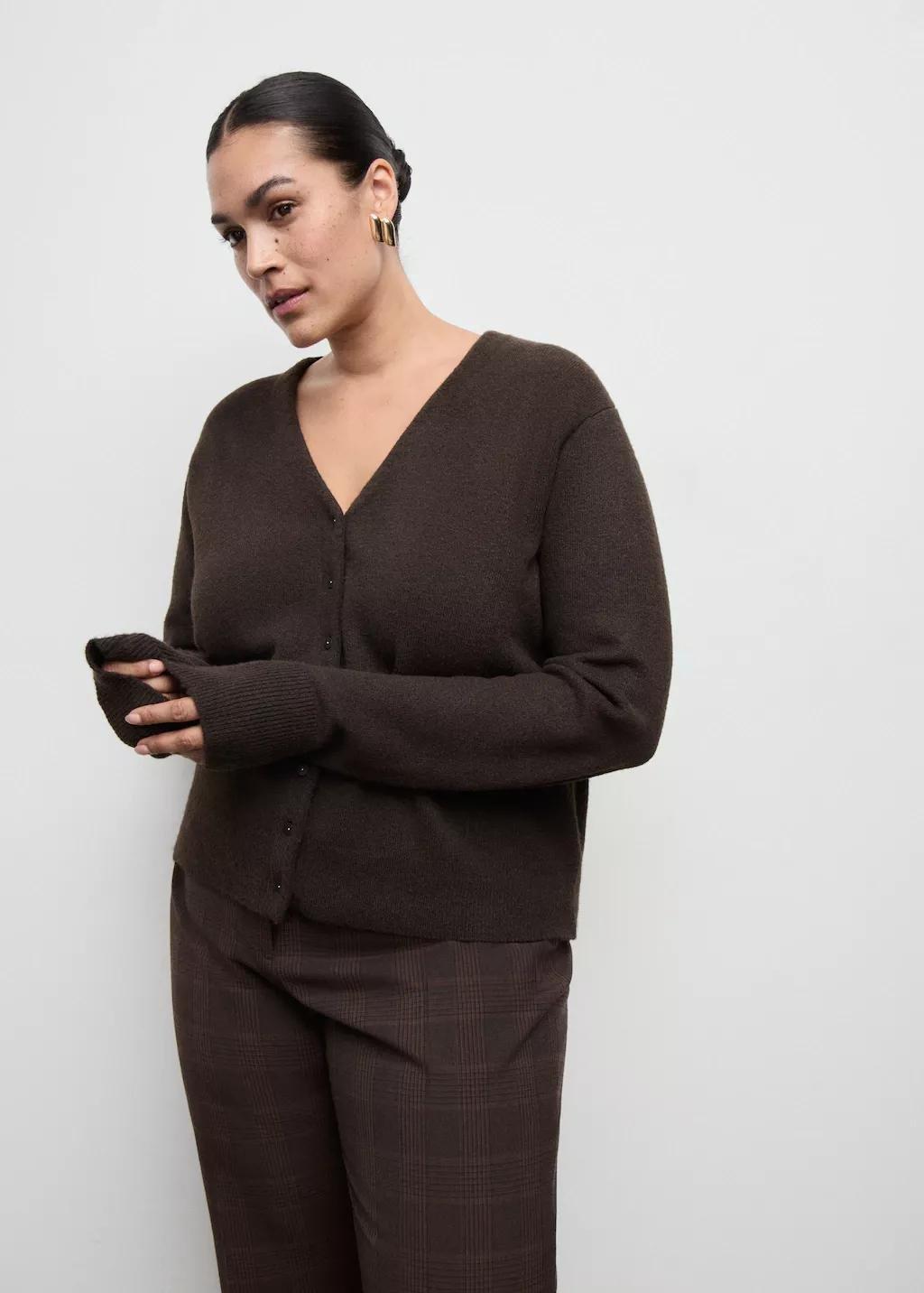 Brown V-Neck Knitted Cardigan, 0201_32, large image number 5