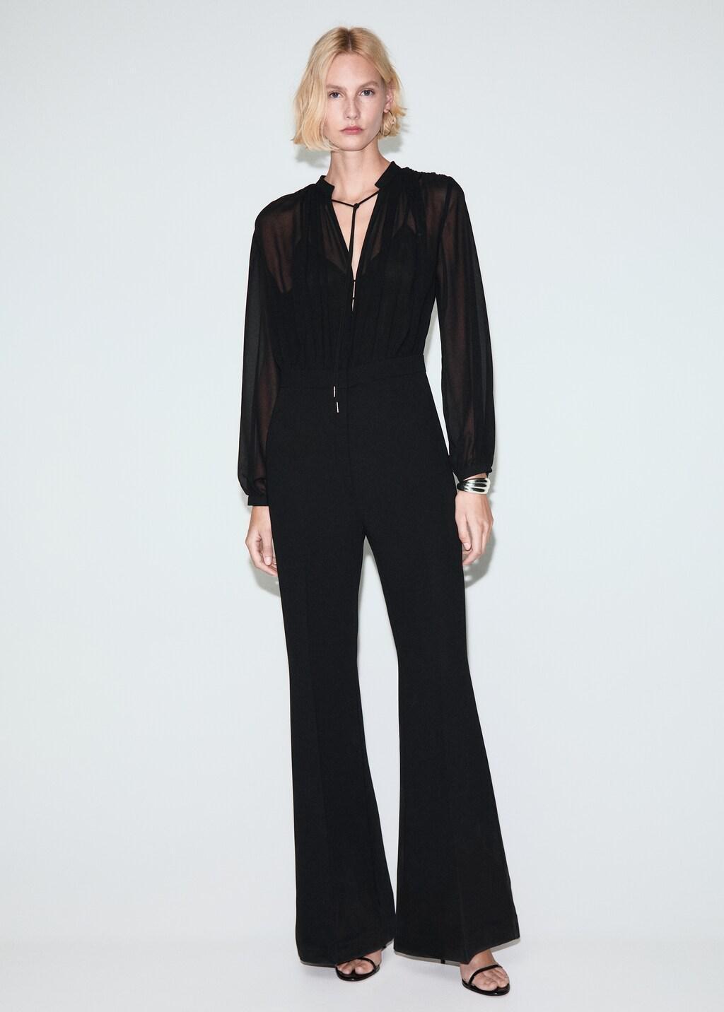 Black Combined V-Neck Jumpsuit, 0201_99, large image number 0