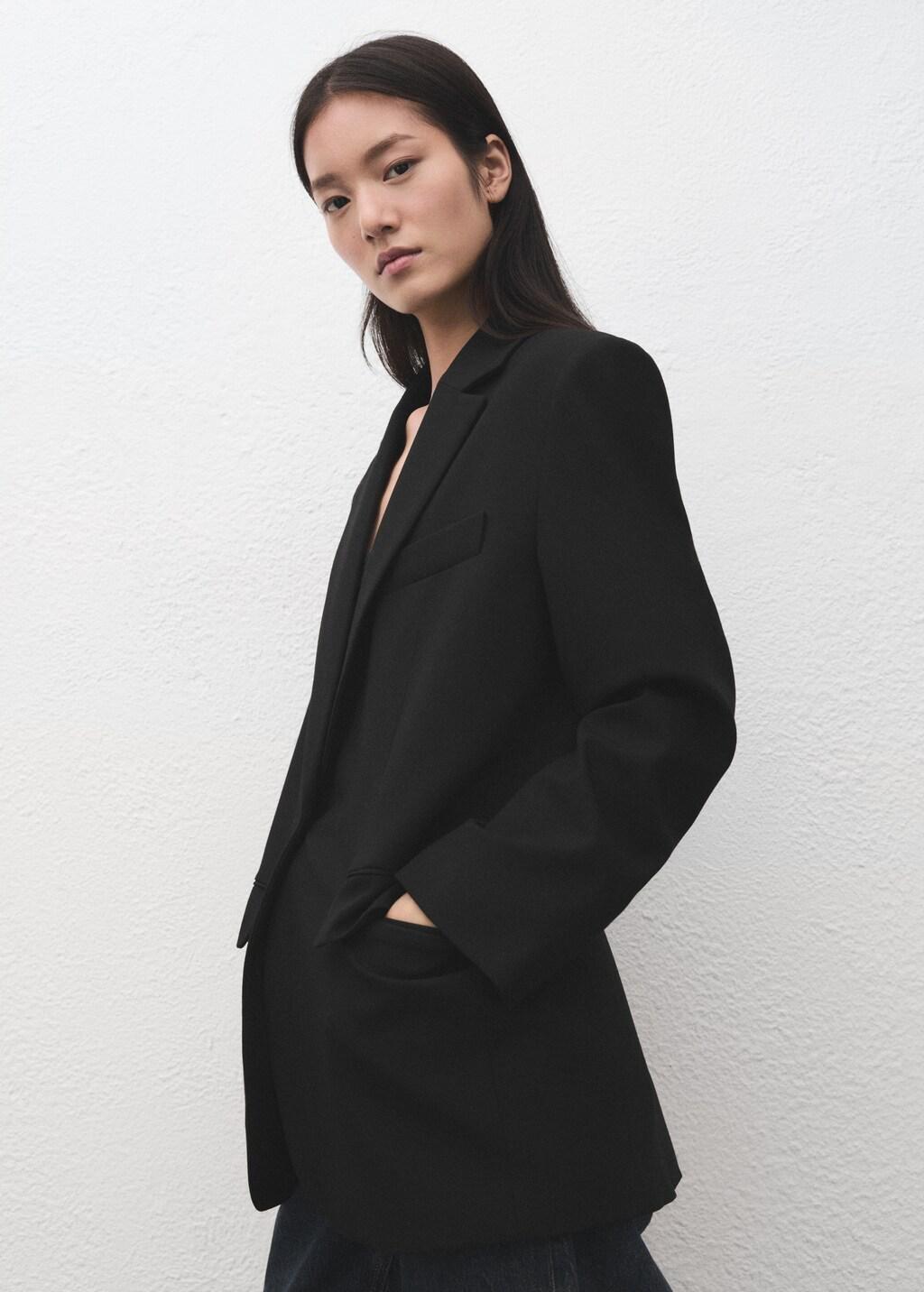Black Straight Suit Jacket With Lapel Pockets, 0201_99, large image number 6