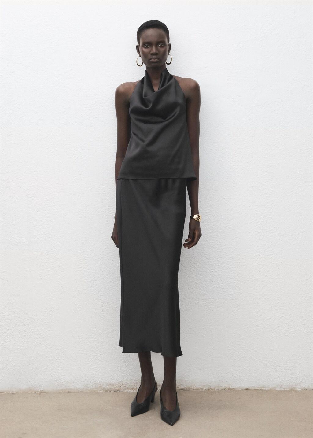 Black Satin Long Skirt, Black, large image number 0