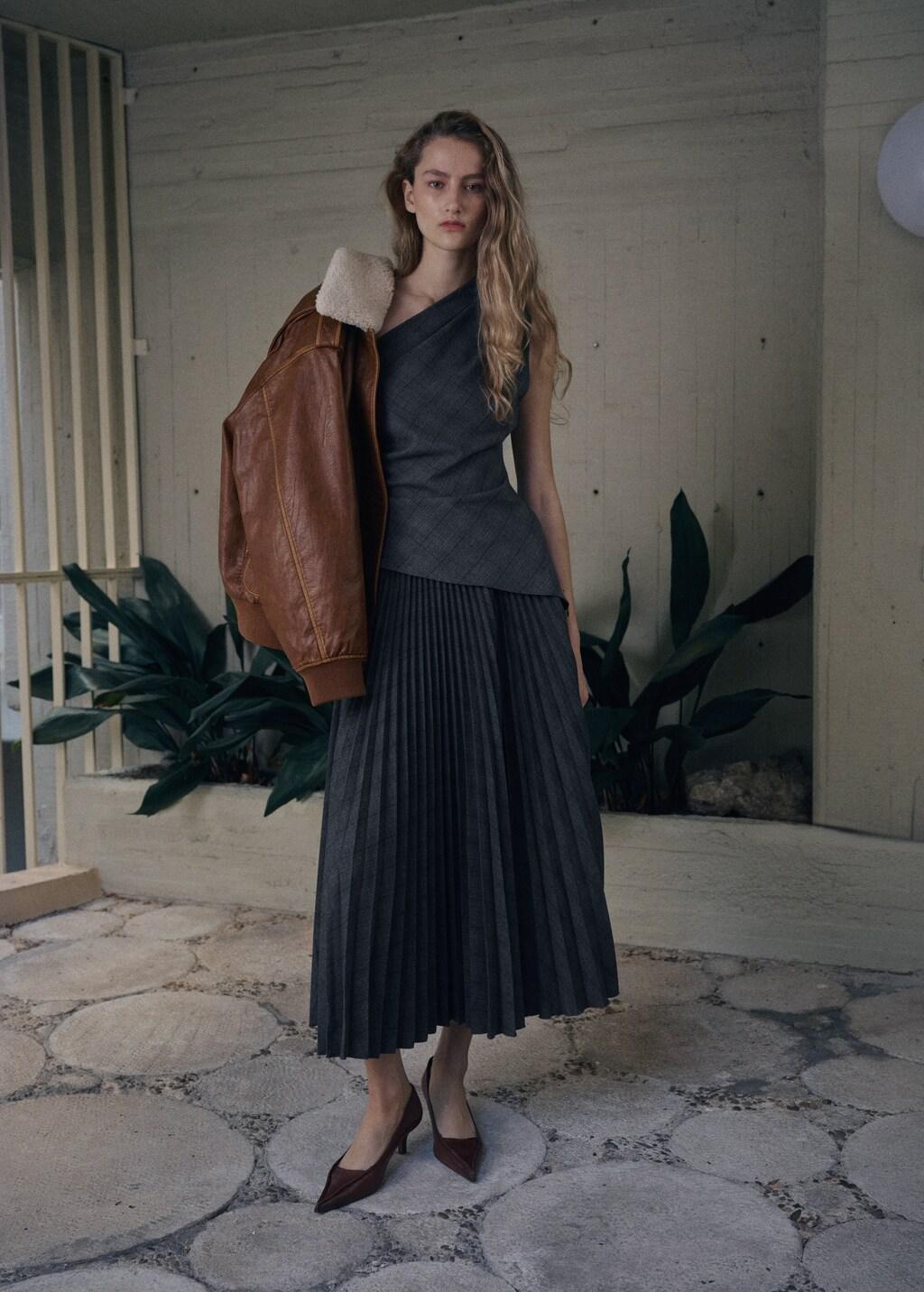 Grey Asymmetrical Check Top, Grey, medium