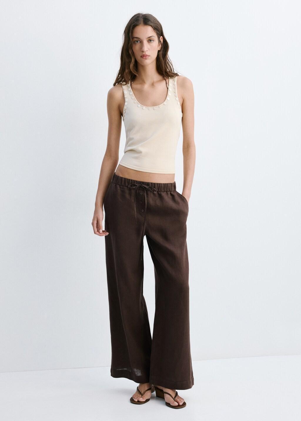 Brown Linen Trousers With Buttons, Dark Brown, medium