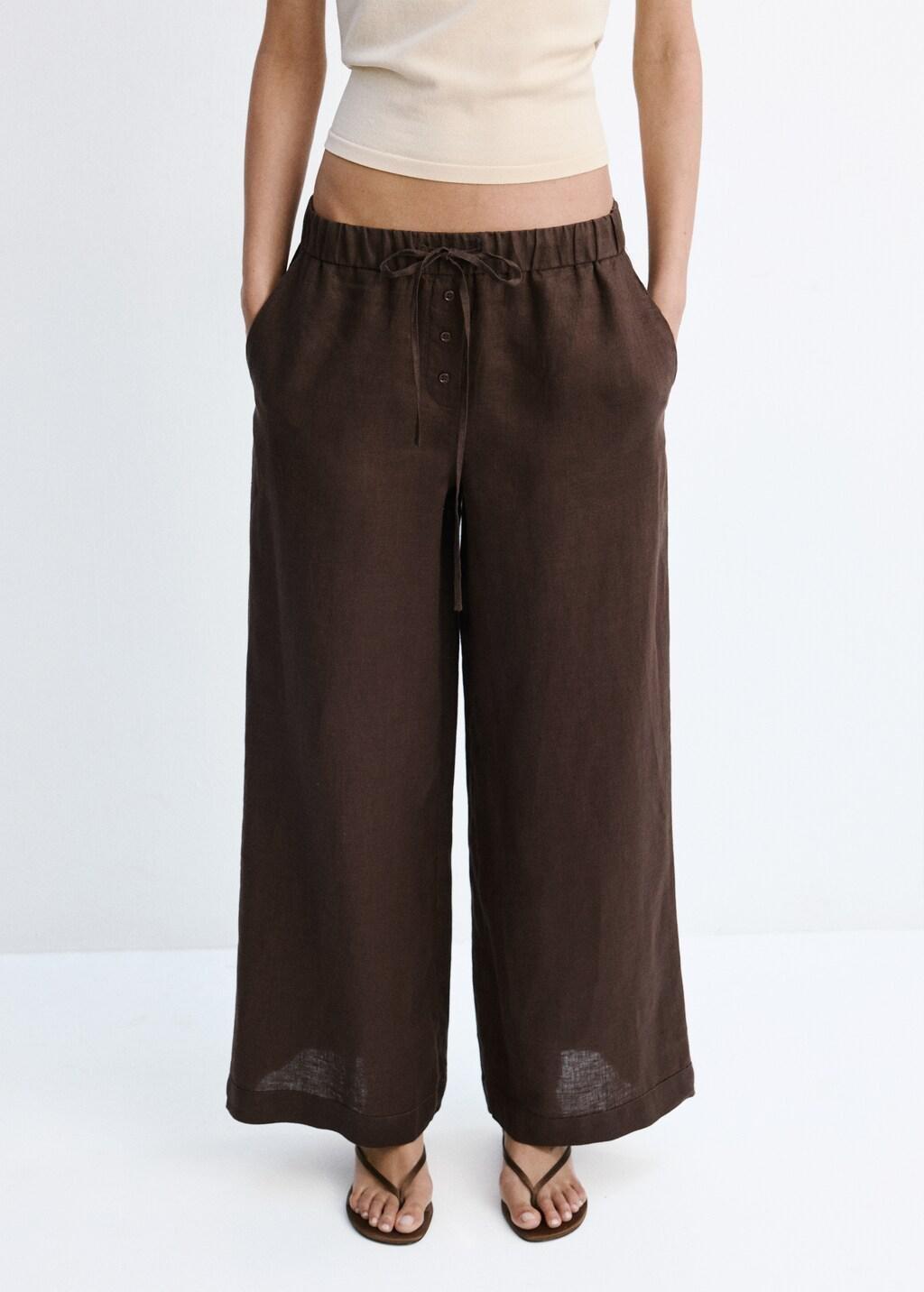 Brown Linen Trousers With Buttons, Dark Brown, large image number 3