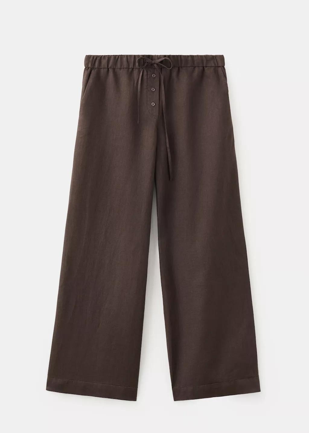 Brown Linen Trousers With Buttons, Dark Brown, large image number 7