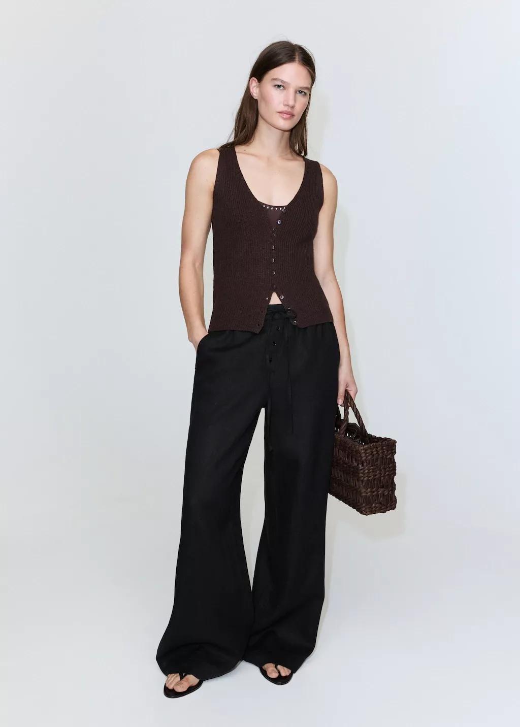 Black Linen Trousers With Buttons, Black, large image number 0