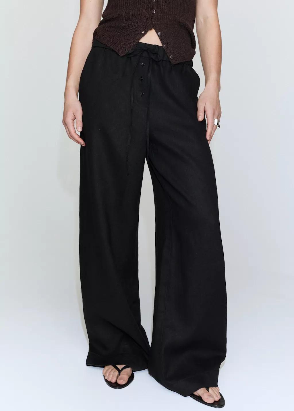 Black Linen Trousers With Buttons, Black, large image number 3