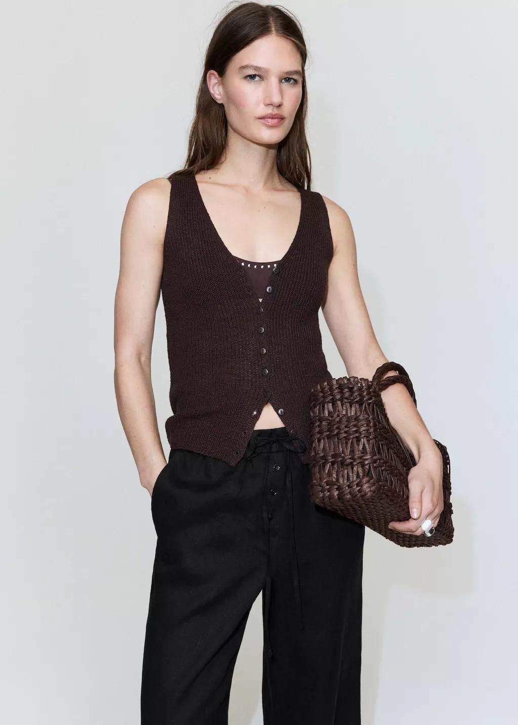 Black Linen Trousers With Buttons, Black, large image number 4