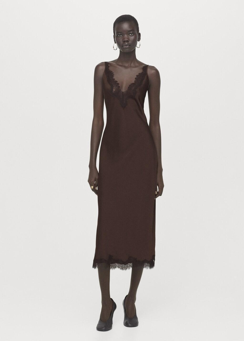Brown Satin Camisole Dress, Brown, medium
