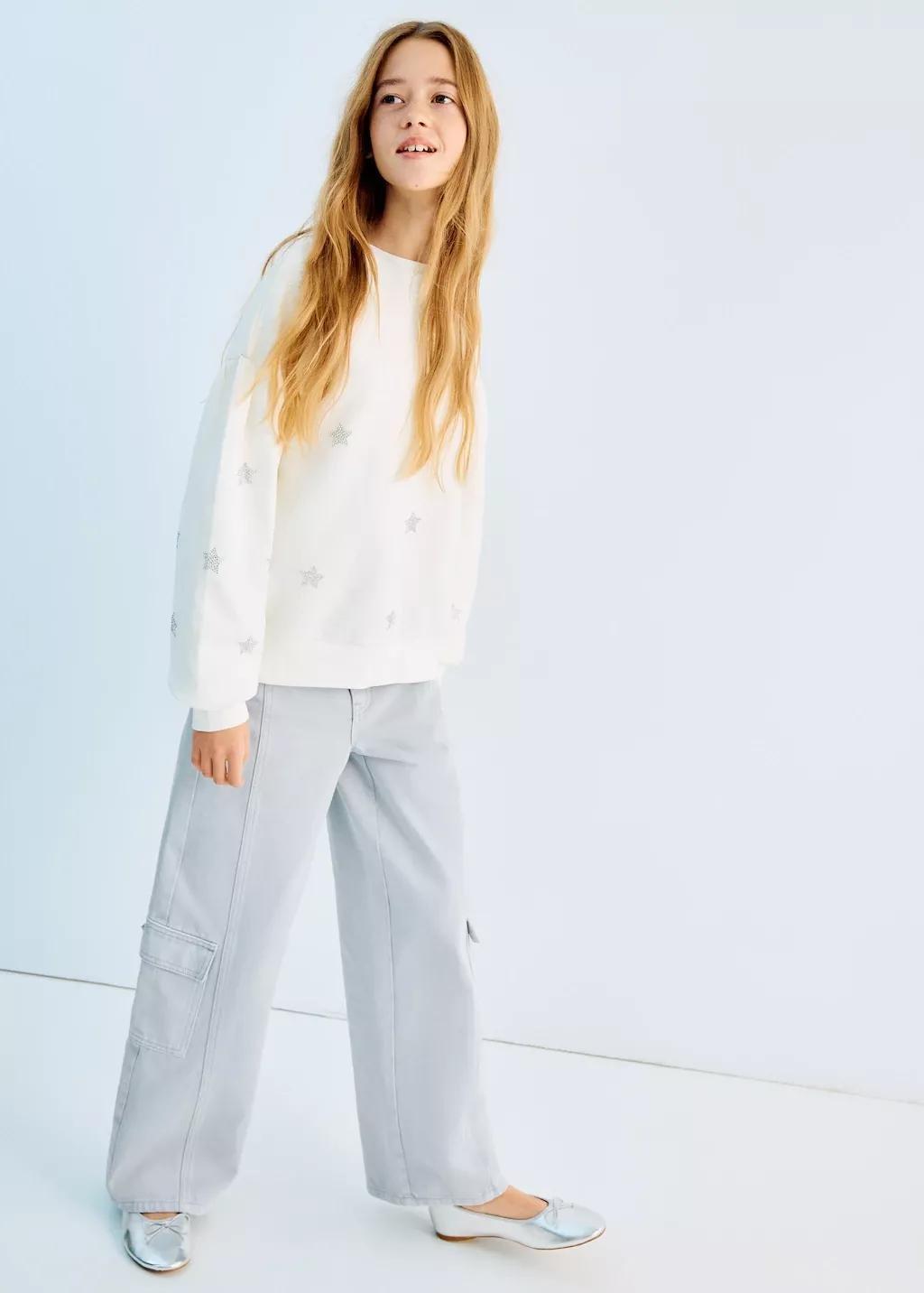 Blue Cargo Denim With Stitching, Kids Girls, Light-Pastel Blue, large image number 0