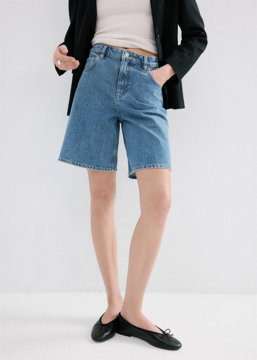 Blue High-Waist Straight-Fit Denim Shorts, Open Blue, large image number 3