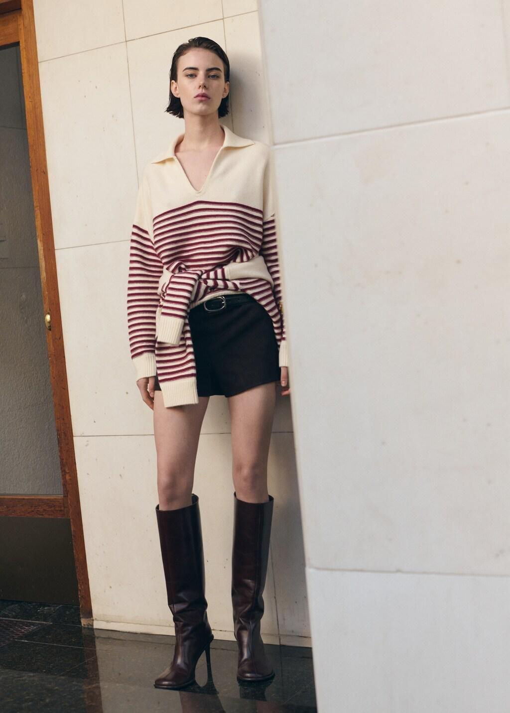 Beige Striped Polo-Neck Sweater, 0201_05, large image number 0