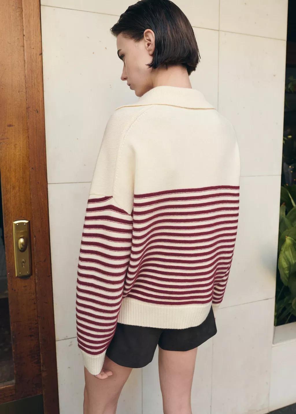 Beige Striped Polo-Neck Sweater, 0201_05, large image number 2