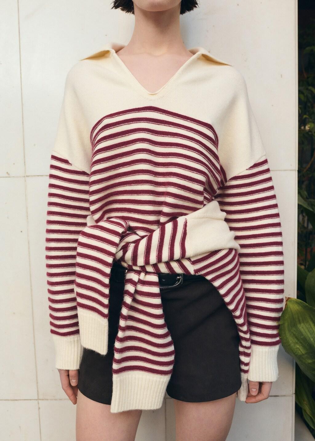 Beige Striped Polo-Neck Sweater, 0201_05, large image number 3