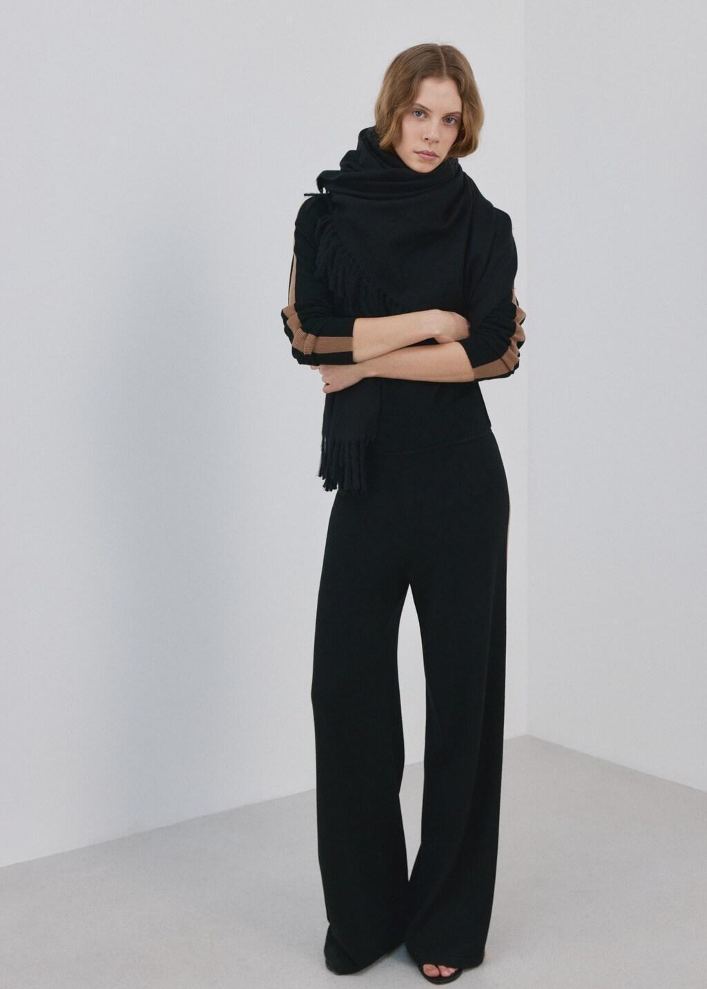 Black Contrast Stripe Knit Trousers, Black, large image number 0