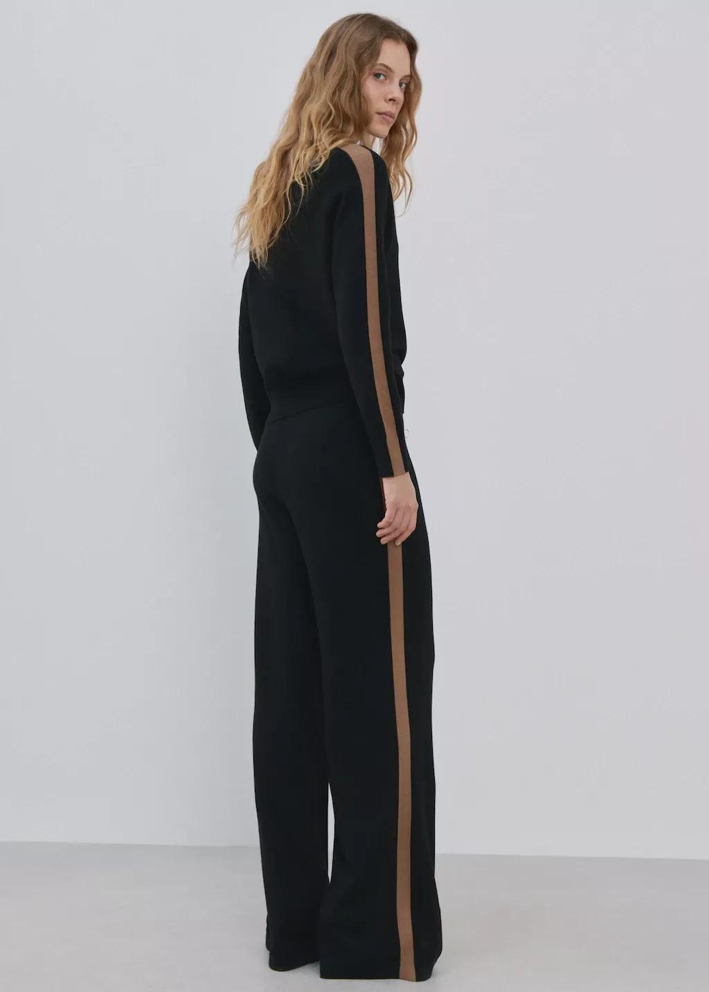Black Contrast Stripe Knit Trousers, Black, large image number 2