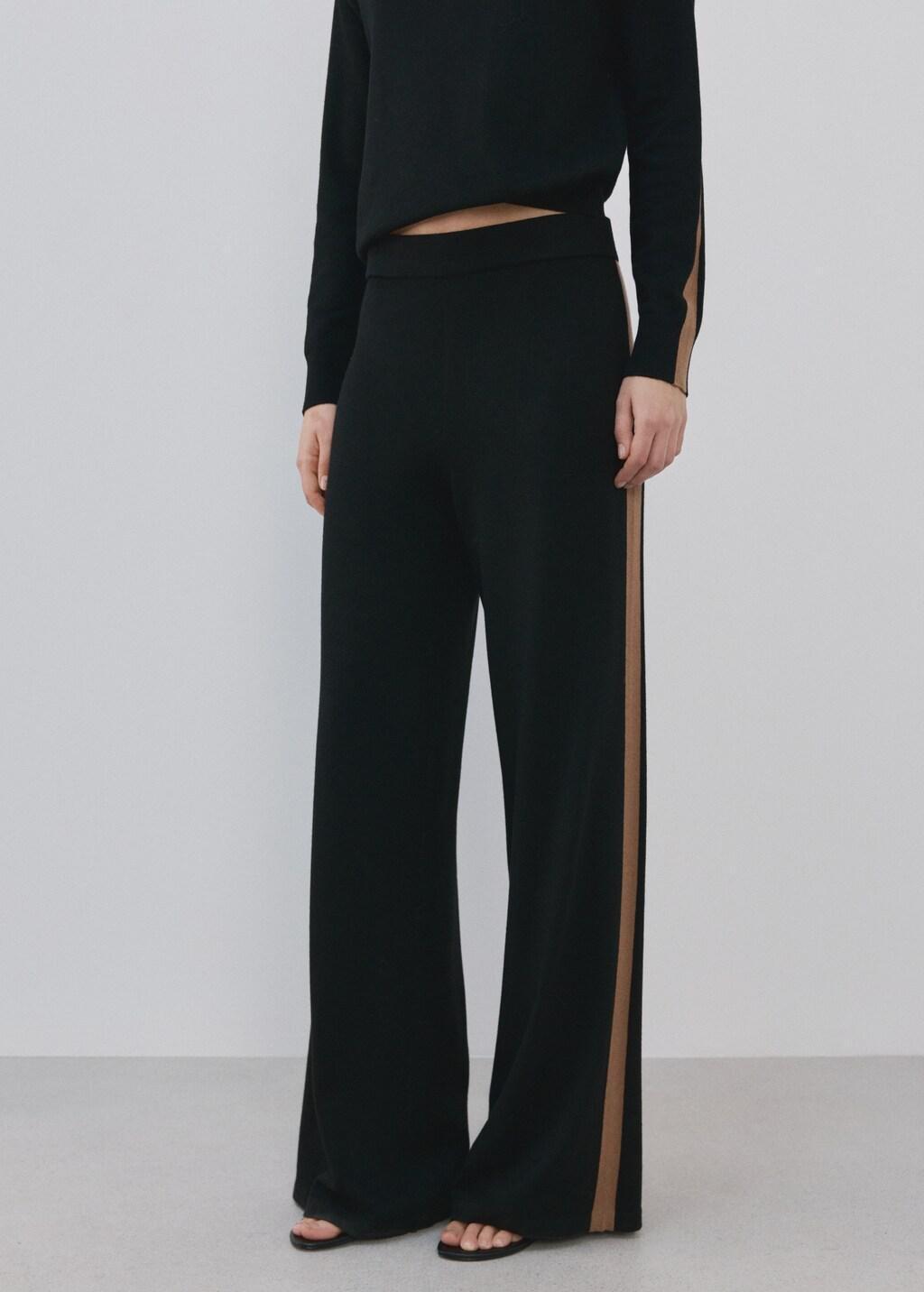 Black Contrast Stripe Knit Trousers, Black, large image number 3