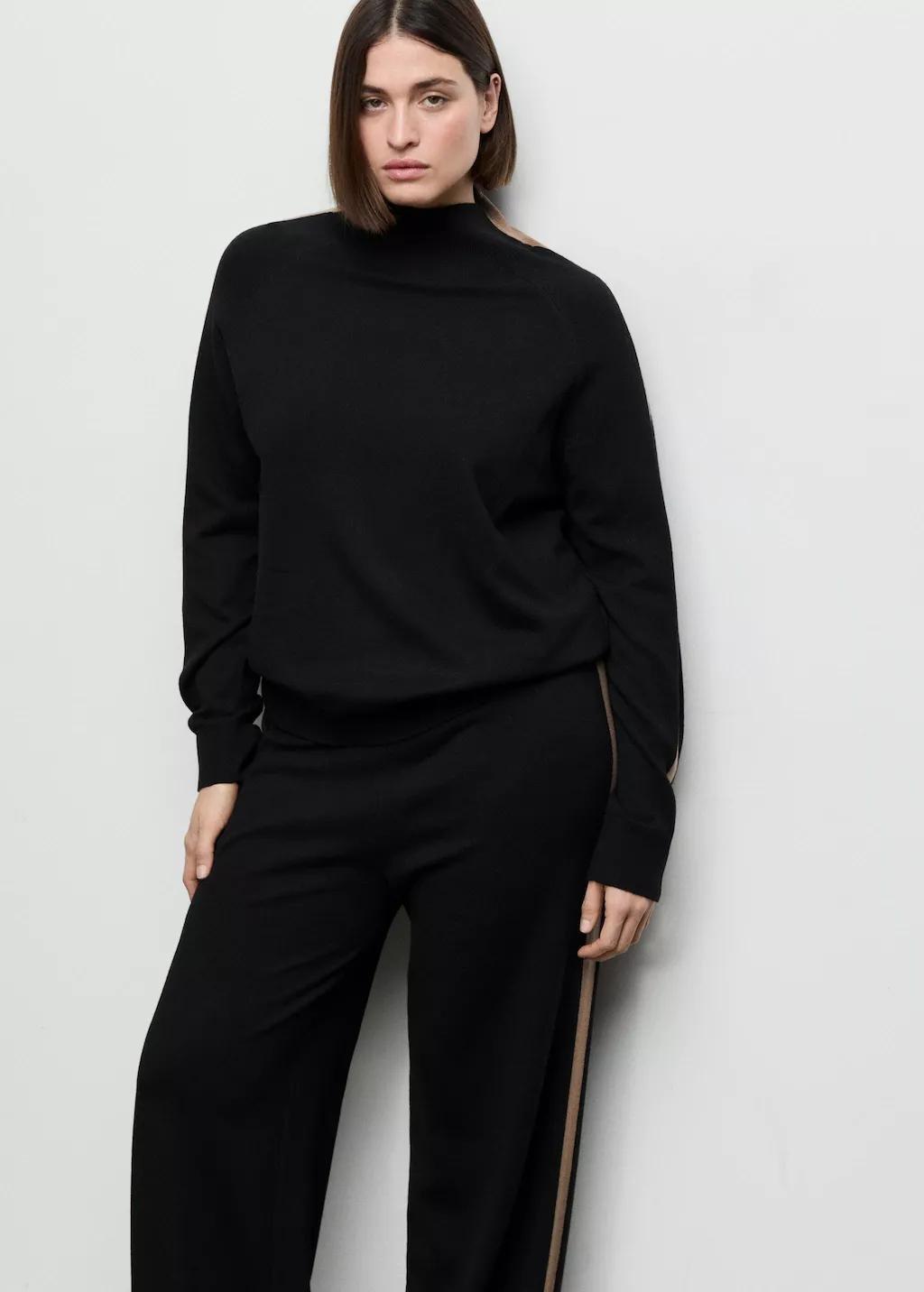 Black Contrast Stripe Knit Trousers, Black, large image number 6