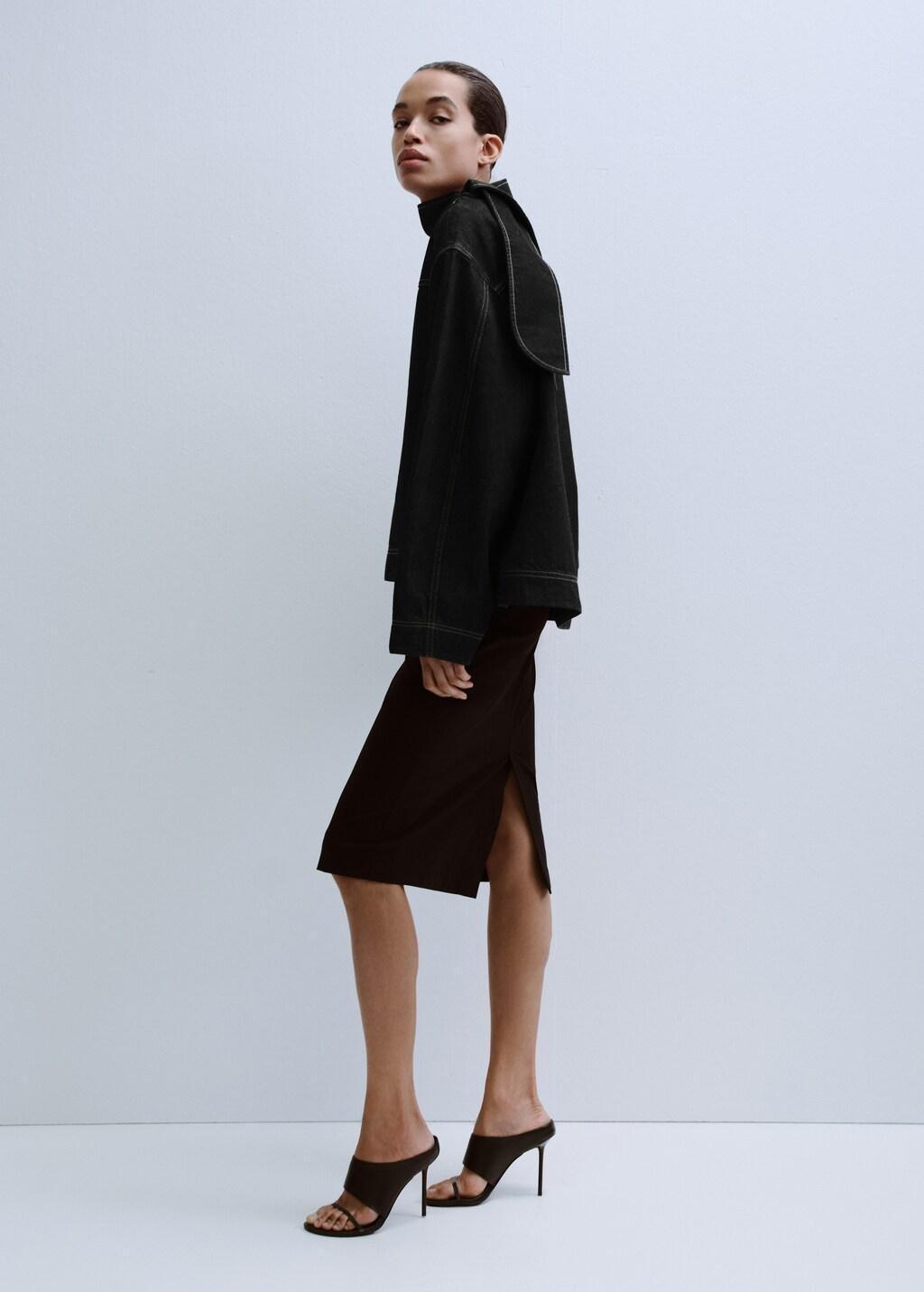 Black Denim Blouse With Knot Neck, Black, large image number 0