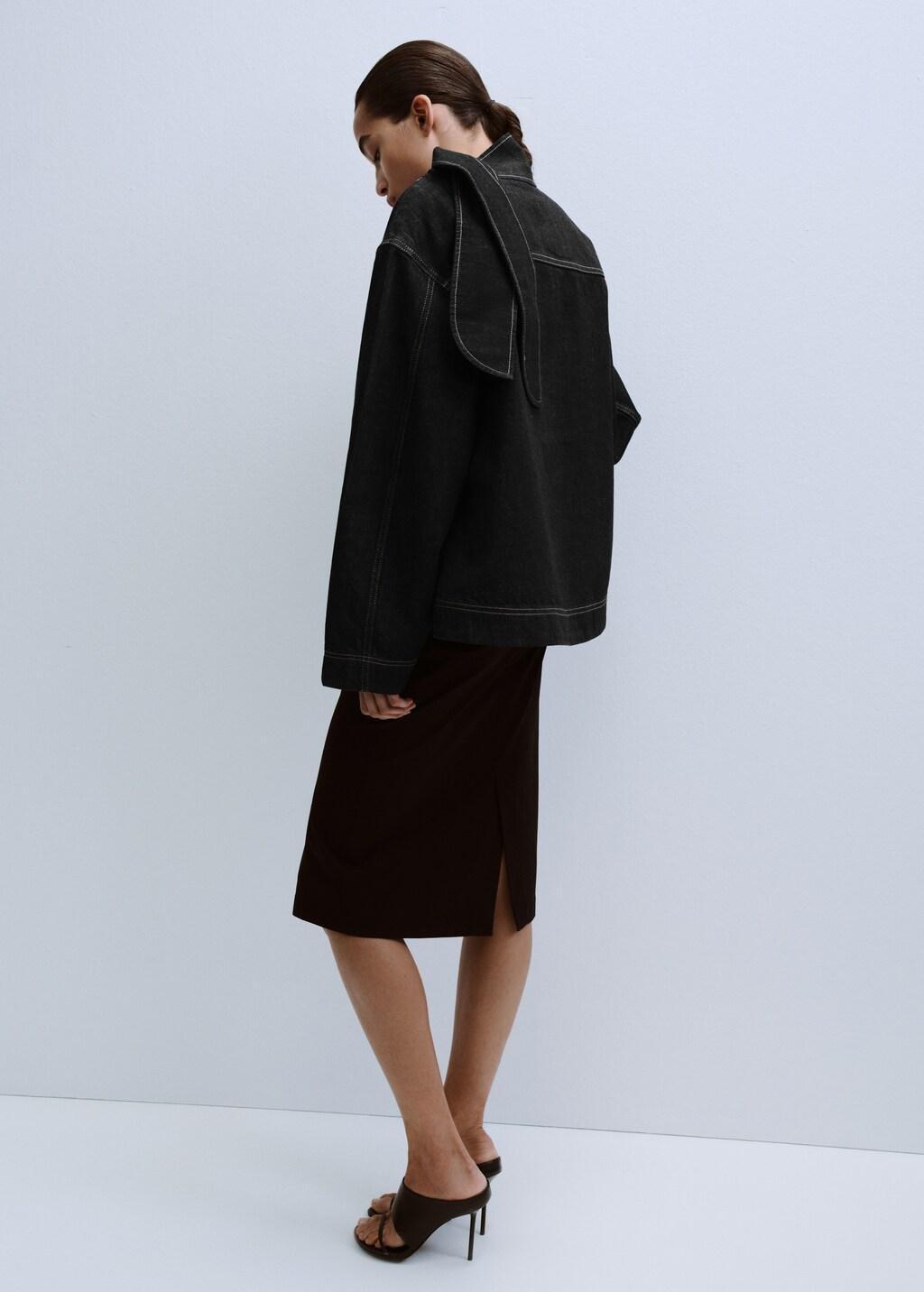 Black Denim Blouse With Knot Neck, Black, large image number 2