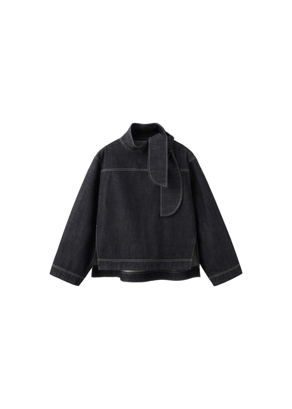 Black Denim Blouse With Knot Neck, Black, large image number 6