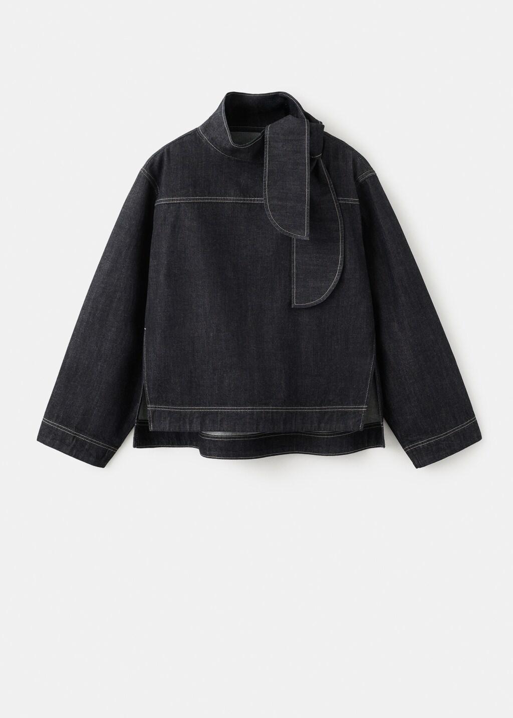 Black Denim Blouse With Knot Neck, Black, large image number 7