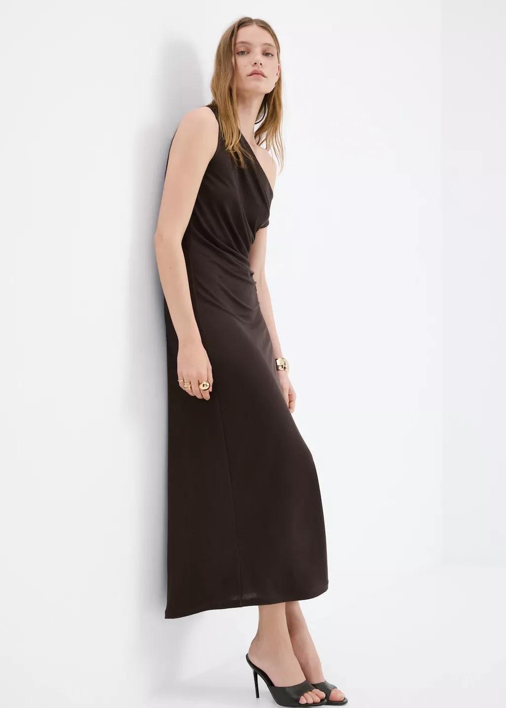 Brown Asymmetric Draped Gown, 0201_30, medium
