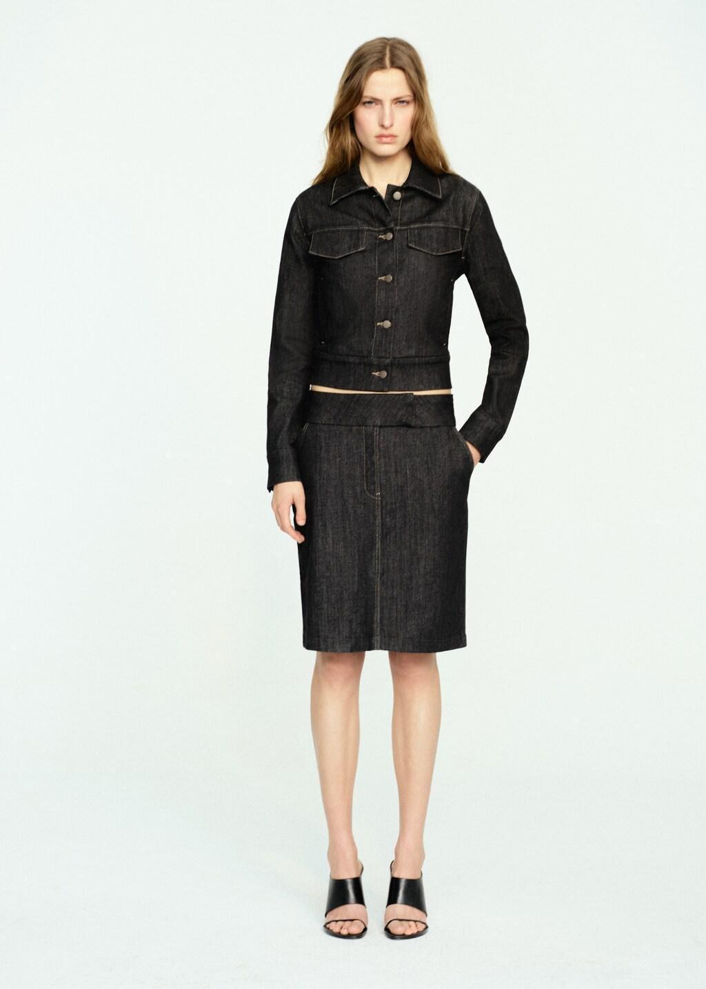 Black Fitted Denim Jacket With Pockets, Black, large image number 0