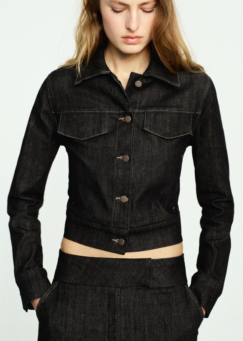Black Fitted Denim Jacket With Pockets, Black, large image number 3