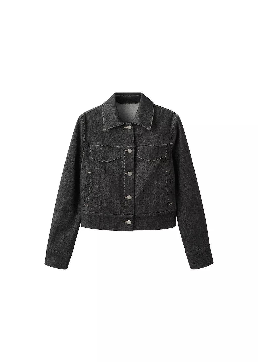 Black Fitted Denim Jacket With Pockets, Black, large image number 5