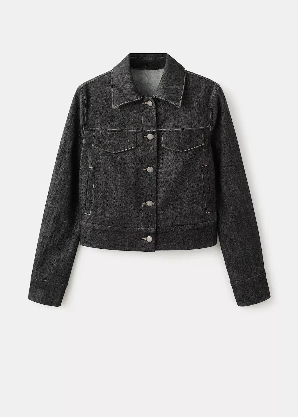 Black Fitted Denim Jacket With Pockets, Black, large image number 6