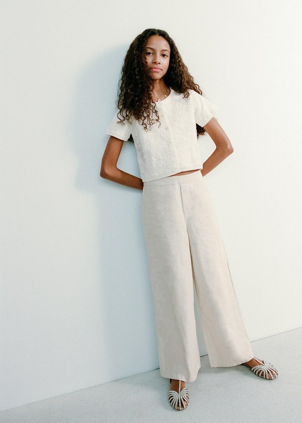 White Floral Embroidered Knitted Cardigan, Kids Girl, Natural White, large image number 0