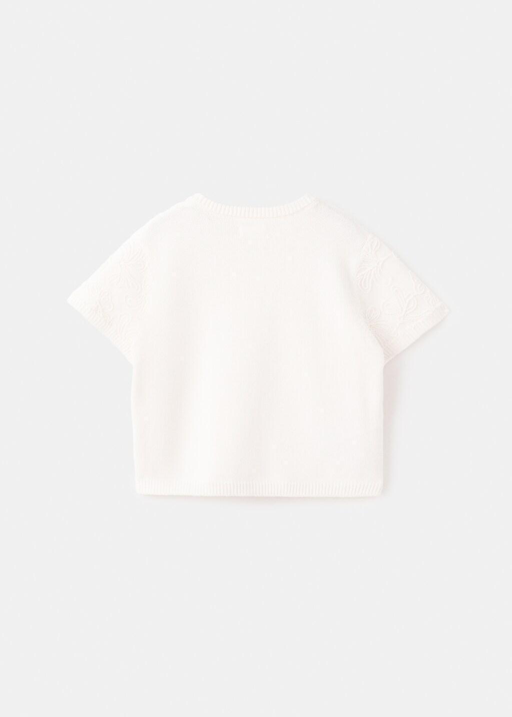 White Floral Embroidered Knitted Cardigan, Kids Girl, Natural White, large image number 3