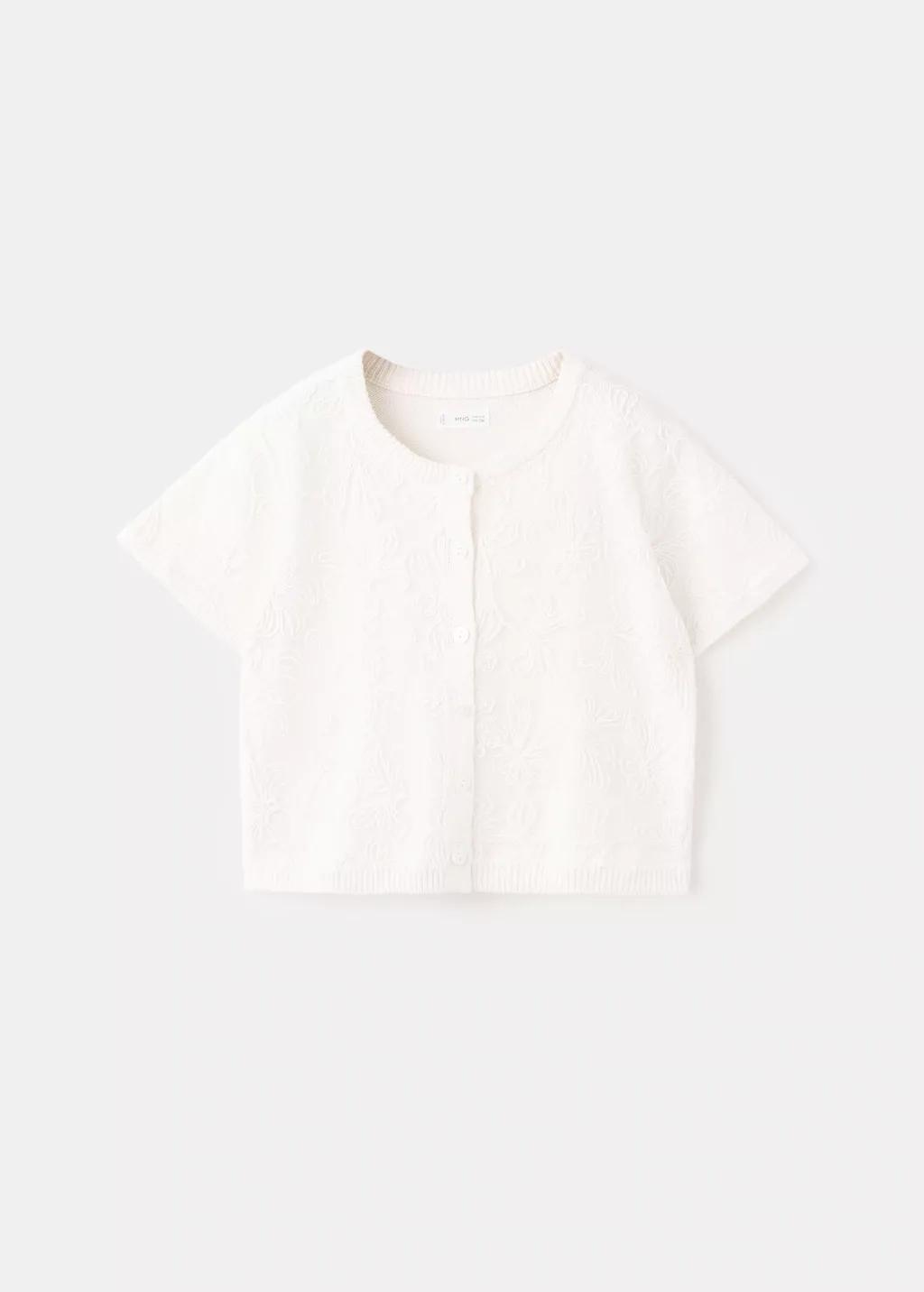 White Floral Embroidered Knitted Cardigan, Kids Girl, Natural White, large image number 6