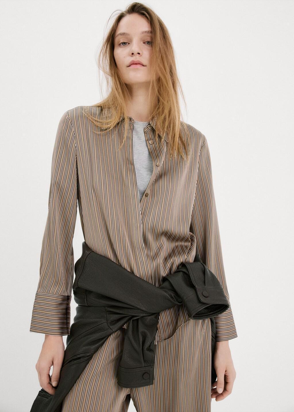 Brown Satin Striped Shirt, Medium Brown, large image number 6