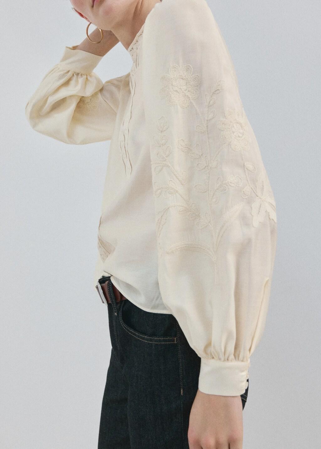 Beige Cotton Blouse With Floral Embroidery, Light Beige, large image number 3