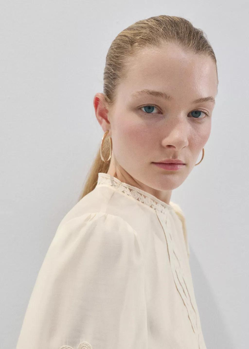 Beige Cotton Blouse With Floral Embroidery, Light Beige, large image number 4