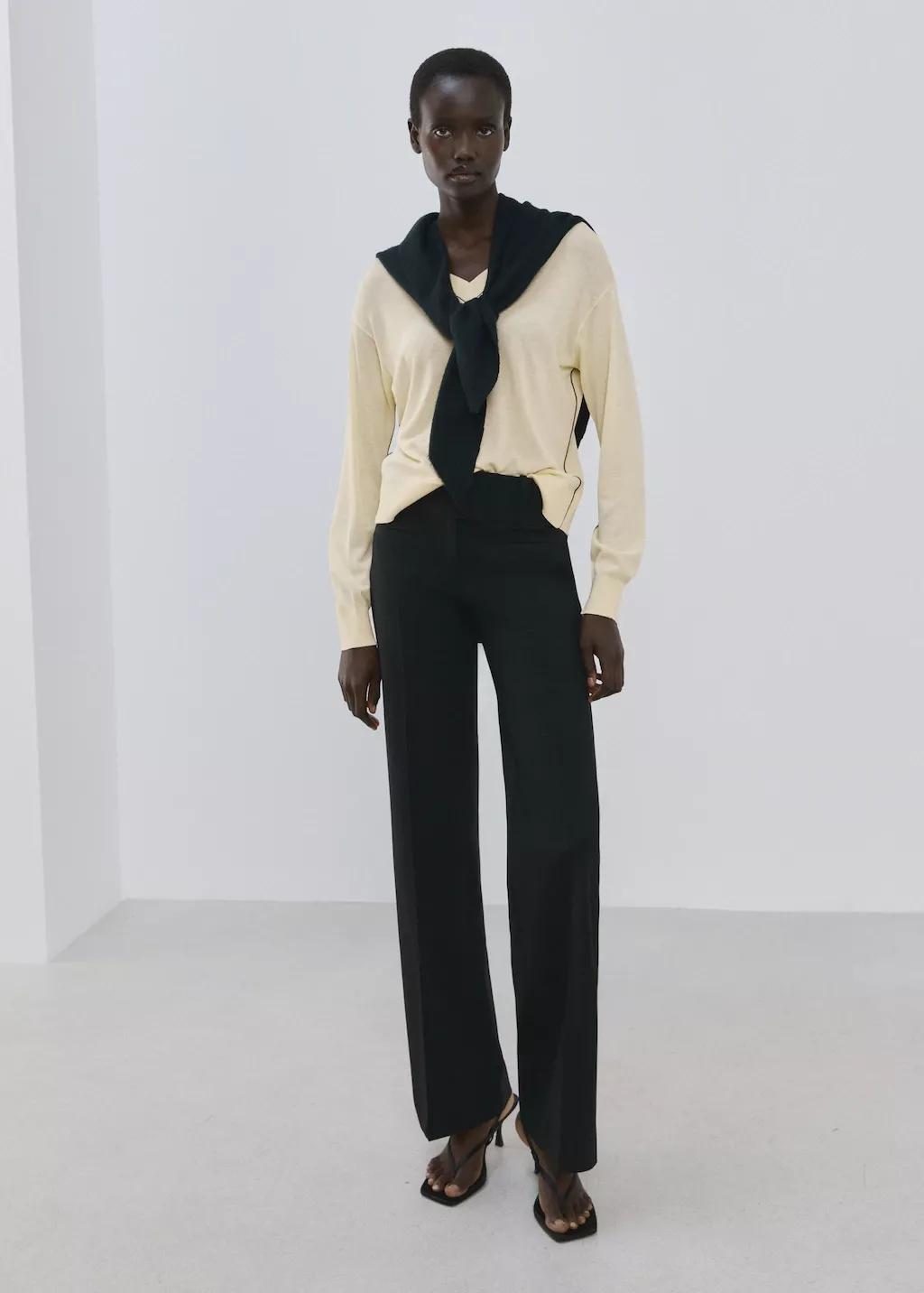 Yellow V-Neck Sweater With Contrast Trim, Yellow, medium