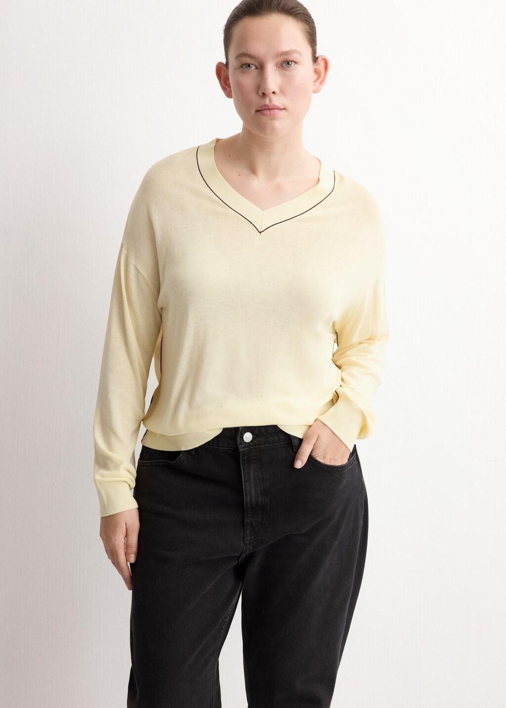 Yellow V-Neck Sweater With Contrast Trim, Yellow, large image number 5