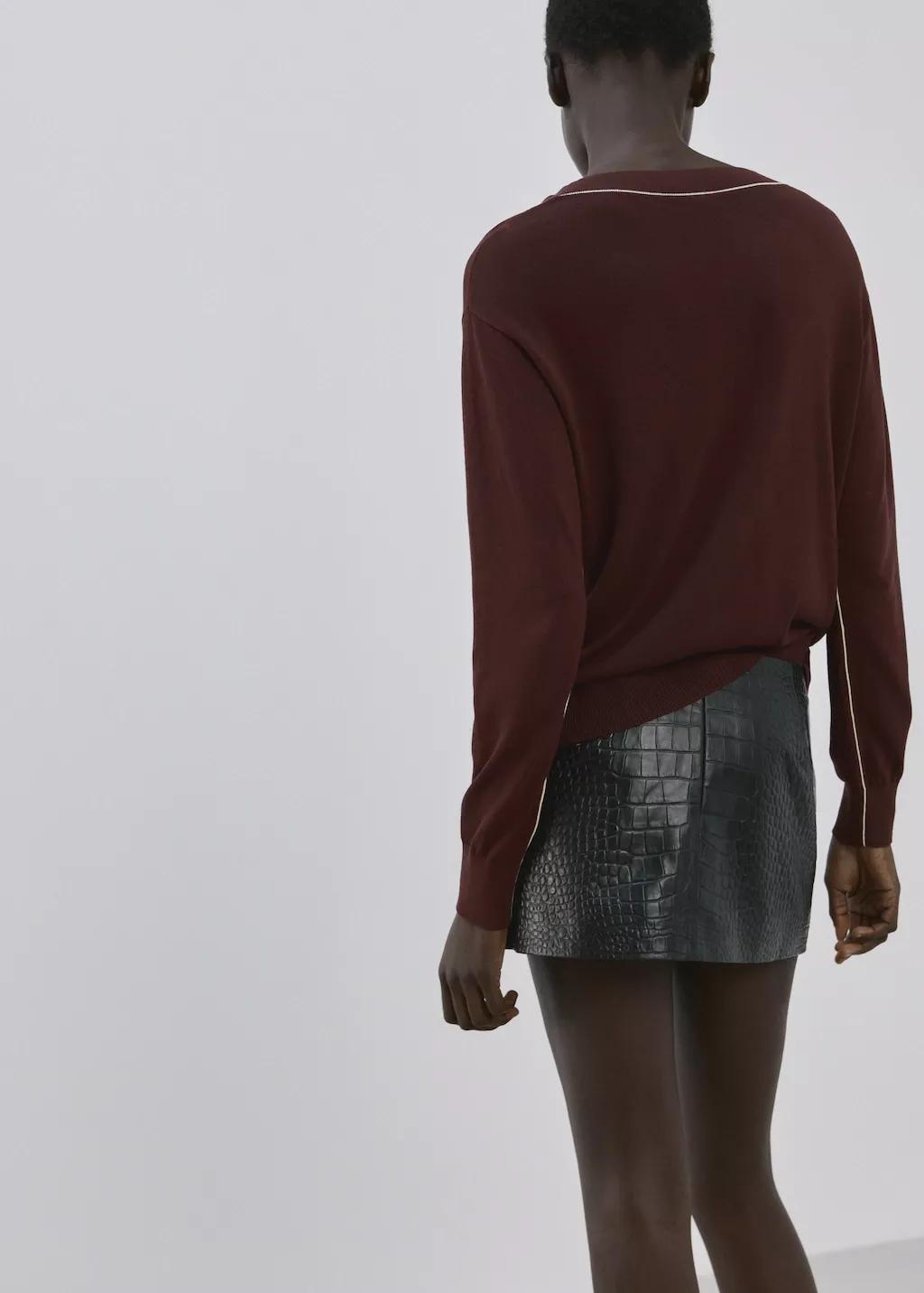 Brown V-Neck Sweater With Contrast Trim, Dark Brown, medium