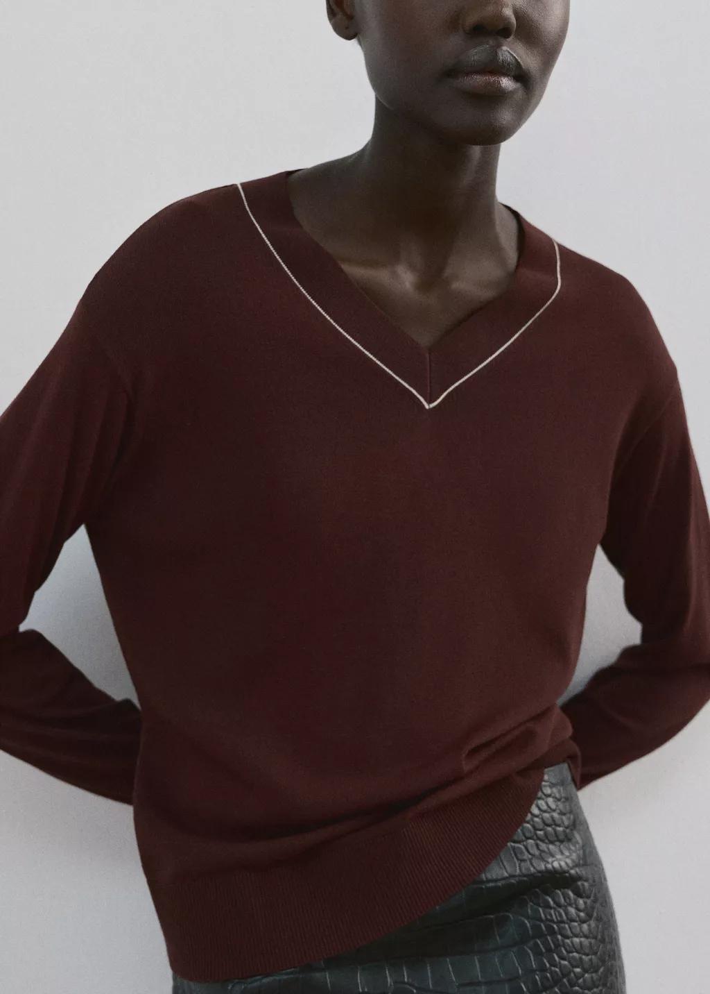 Brown V-Neck Sweater With Contrast Trim, Dark Brown, large image number 3